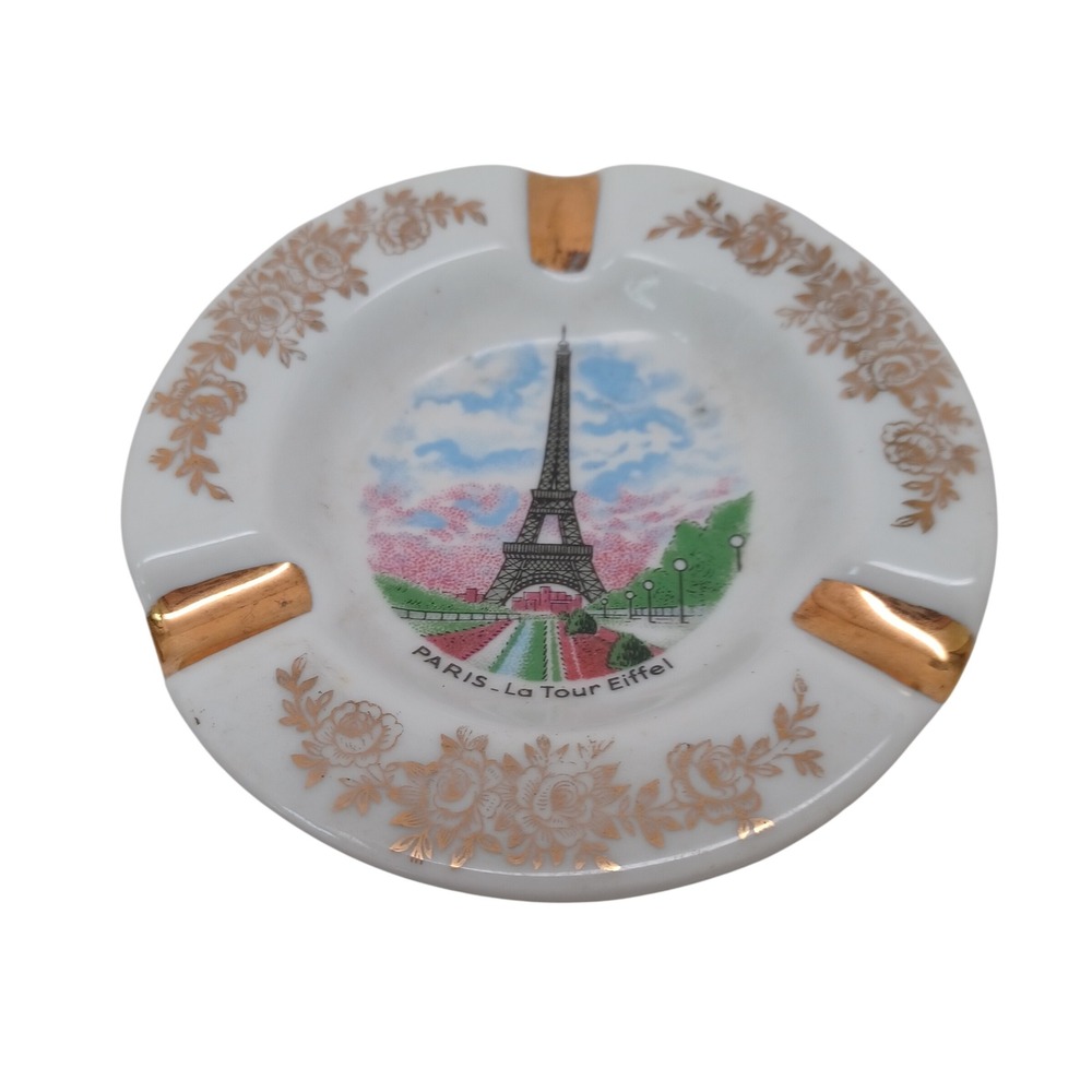 Vintage Limoges France Eiffel Tower Paris Porcelain Mini Ashtray Gold Gilt 3.75"